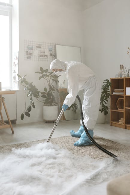 A professional cleaner dressed in a white protective suit, gloves, and blue shoe covers is using a vacuum cleaner with a long hose to thoroughly deep clean a beige carpet in a well-lit, minimalist living room. The room features white walls, a large window allowing natural light, a wooden shelf with decorative items and storage boxes, and potted plants that add greenery. The scene emphasizes surface cleaning and sanitisation of residential carpets, illustrating a high standard of cleaning performed by Ilford Carpet Cleaners as part of their domestic cleaning services. The clean, dust-free environment highlights the importance of professional hygiene practices in maintaining a fresh and healthy home.