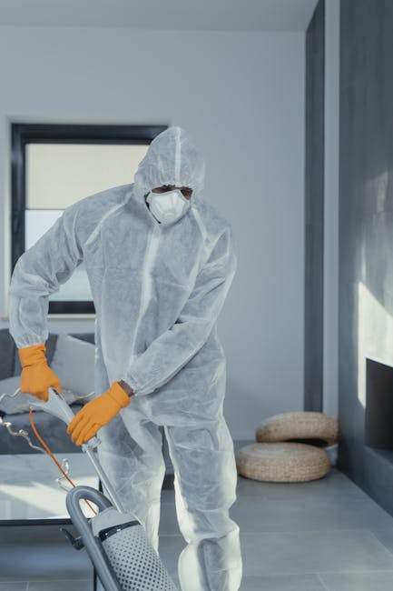 A professional cleaner dressed in a white protective suit, gloves, and blue shoe covers is using a vacuum cleaner with a long hose to thoroughly deep clean a beige carpet in a well-lit, minimalist living room. The room features white walls, a large window allowing natural light, a wooden shelf with decorative items and storage boxes, and potted plants that add greenery. The scene emphasizes surface cleaning and sanitisation of residential carpets, illustrating a high standard of cleaning performed by Ilford Carpet Cleaners as part of their domestic cleaning services. The clean, dust-free environment highlights the importance of professional hygiene practices in maintaining a fresh and healthy home.